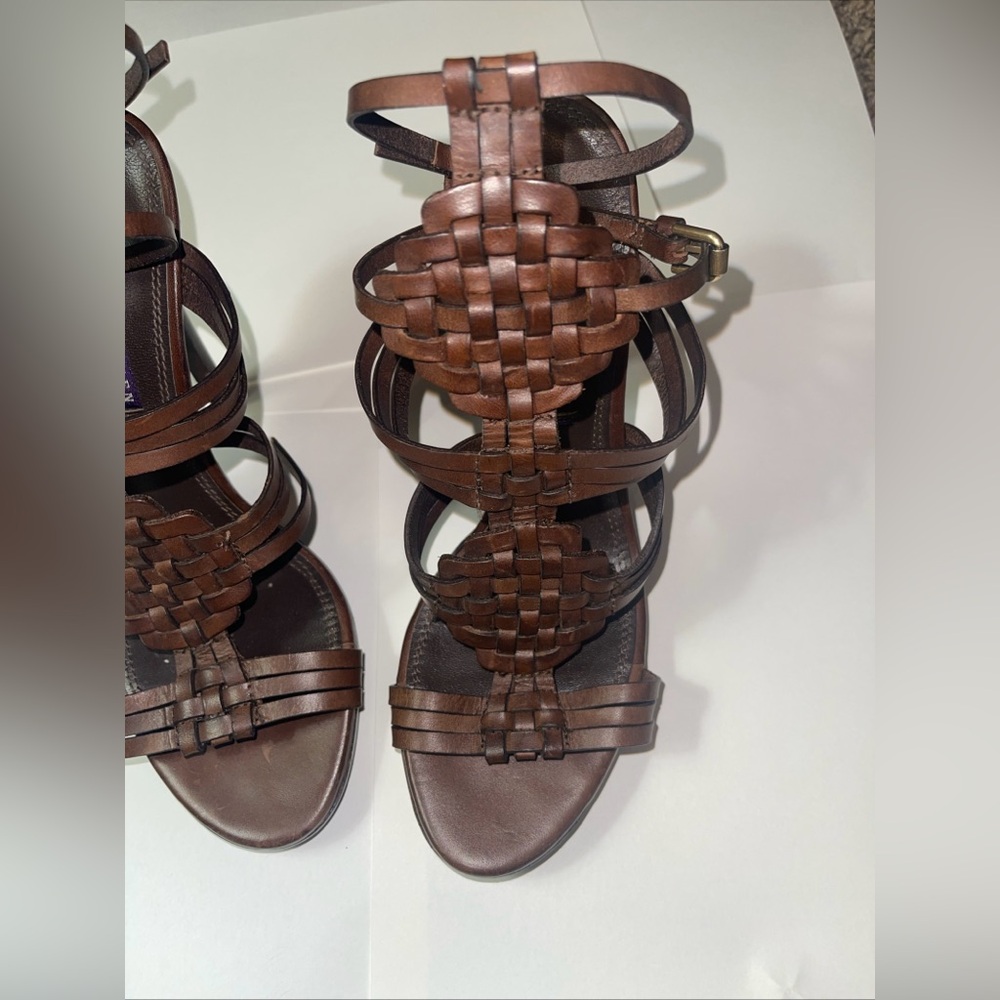 RALPH LAUREN COLLECTION PURPLE LABEL BROWN LEATHER HEELS ANKLE STRAP 7.5 ITALY - Picture 4 of 16